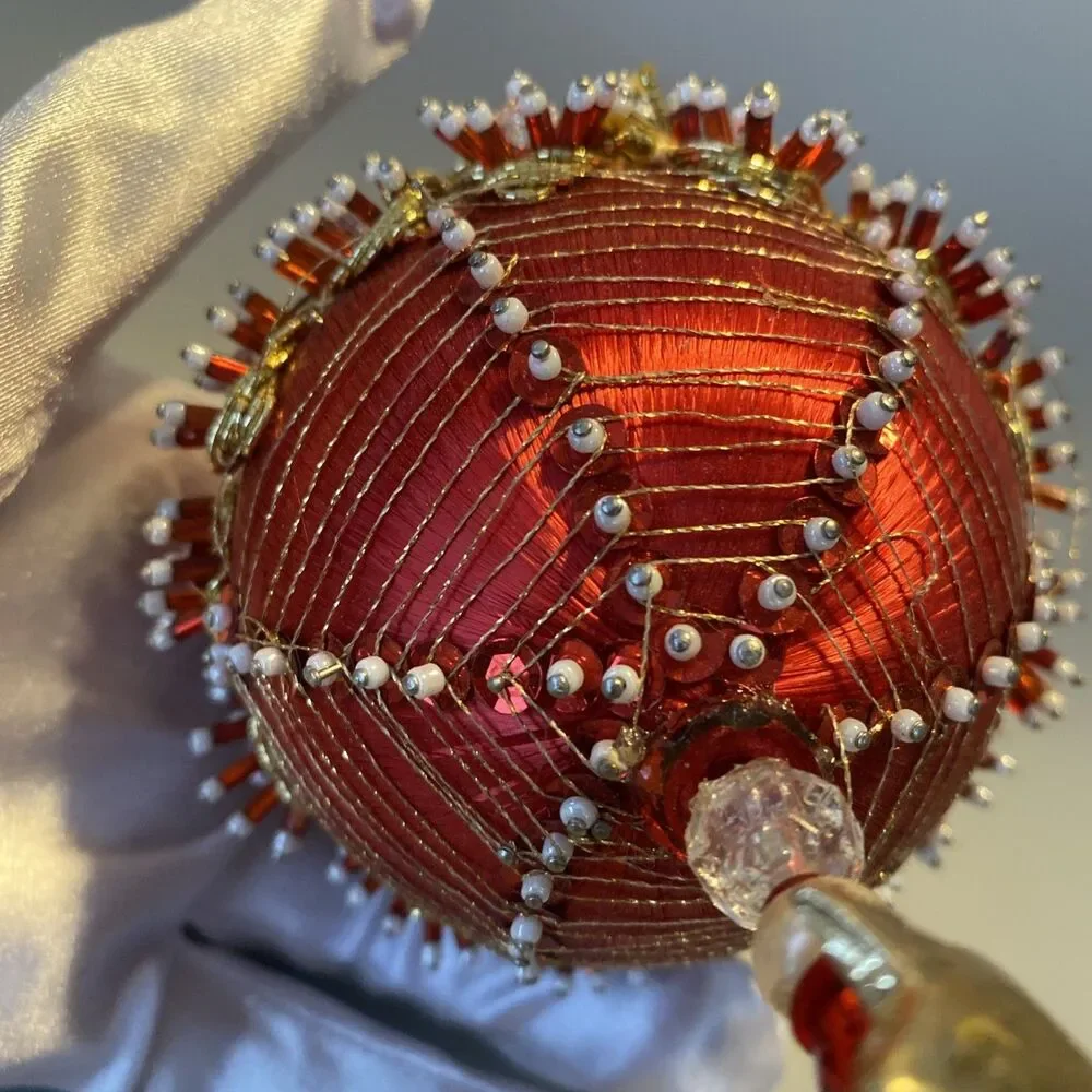 Vintage Christmas Red Gold Beaded Push Pin Ornate Ball Ornament Large Handmade